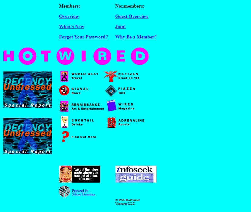 Site da HotWired em 1996, cujo destaque era: Decency Undressed - Special Report