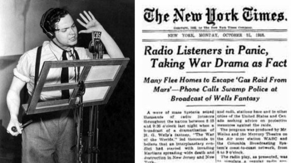 Foto de Orson Welles no estúdio radiofônico ao lado de capa do New York Times com a manchete:<br><br>Radio Listeners in Panic, Taking War Drama as Fact <br>---<br>Many Flee Homes to Escape 'Gas Raid From Mars' Phone Calls Swamp Police at Broadcast of Wells Fantasy
