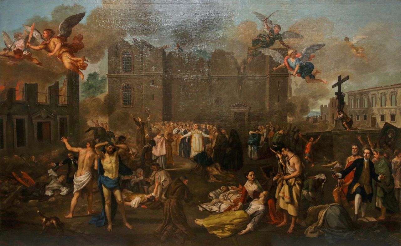 O Terremoto de 1755, pintado de 1756 a 1792 por João Glama Ströberle (1708-1792).  Alegoria mostra anjos em meio à destruição, vítimas e sobreviventes.