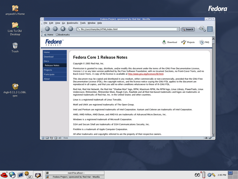 Desktop do Fedora Core 1, com um navegador exibindo as suas notas de lançamento