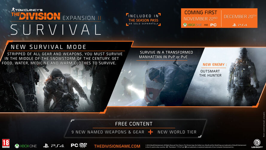 Banner promocional do modo Survival, dizendo:<br><br>NOVO MODO DE SOBREVIVÊNCIA<br><br>Despojado de todos os equipamentos e armas, você deve sobreviver no meio da tempestade de neve do século. Consiga comida, água, remédios e agasalhos para sobreviver.