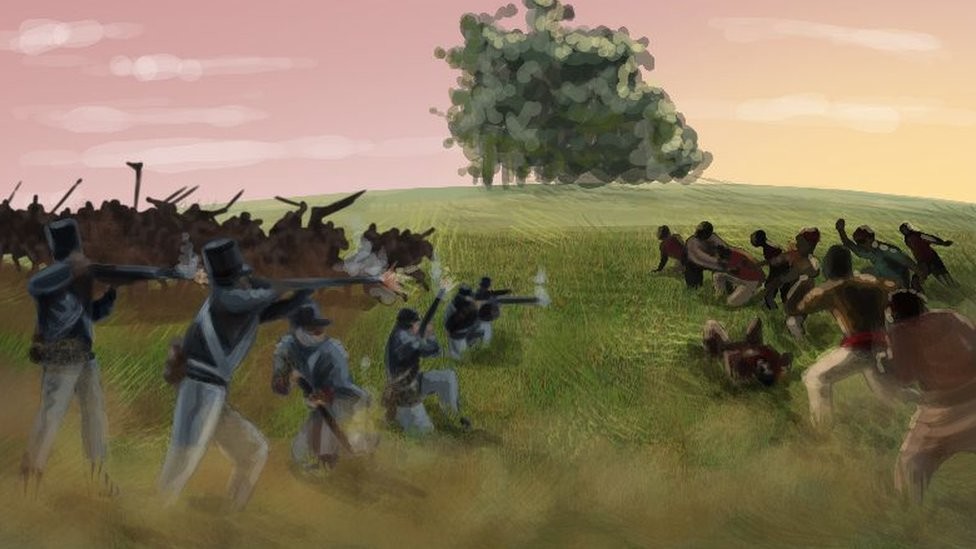 Pintura mostra o momento em que um esquadrão de lanceiros negros, cuja munição havia sido recolhida na véspera, foi surpreendido e arrasado pelas tropas imperiais, no Cerro dos Porongos<br>