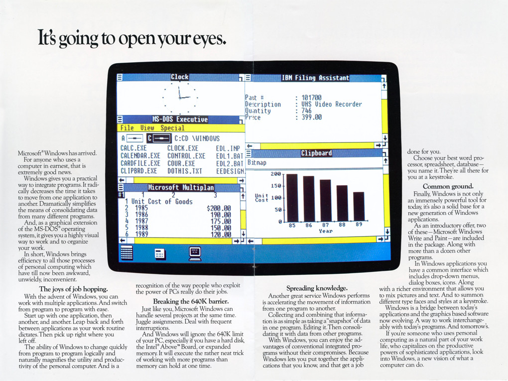 Anúncio do Windows inicial mostra tela do sistema e o título: It's going to open your eyes.<br>