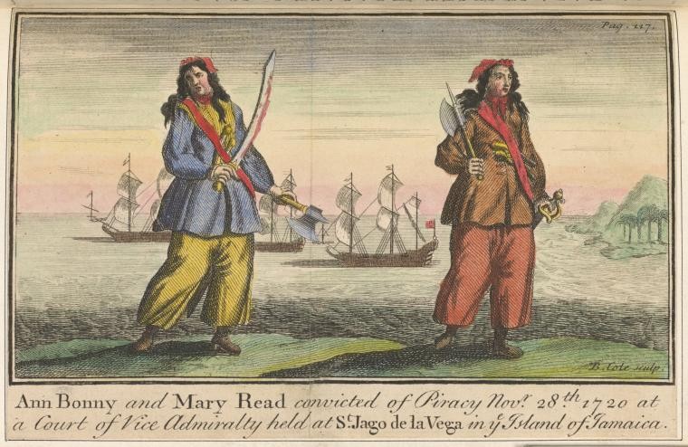 Gravura com descrição fazendo referência a Ann Bonny e Mary Read, condenadas por pirataria em 28 de novembro de 1720 em uma sessão da Corte do Vice-Almirantado realizada em S. Tiago de la Vega, na Ilha da Jamaica.<br>