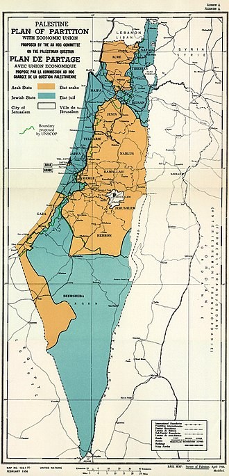 Mapa do plano aprovado, dividindo o estado árabe (em amarelo) e o estado judeu (em verde)