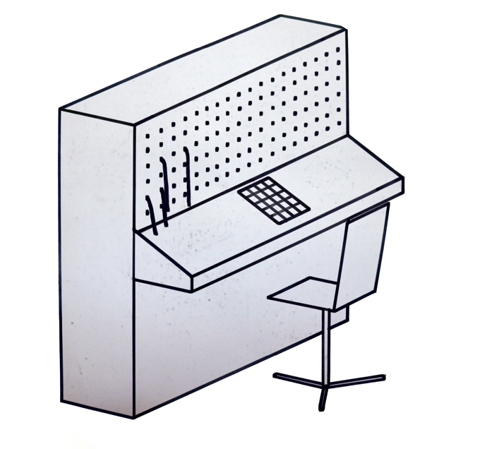 Desenho do Loirinha que consta no acervo do IME mostra um painel de conexões por jumpers com uma tela de osciloscópio, e uma cadeira em frente.