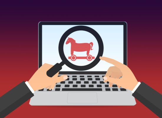 Ilustração mostra uma pessoa segurando uma lupa que evidencia um cavalo de tróia na tela de um computador