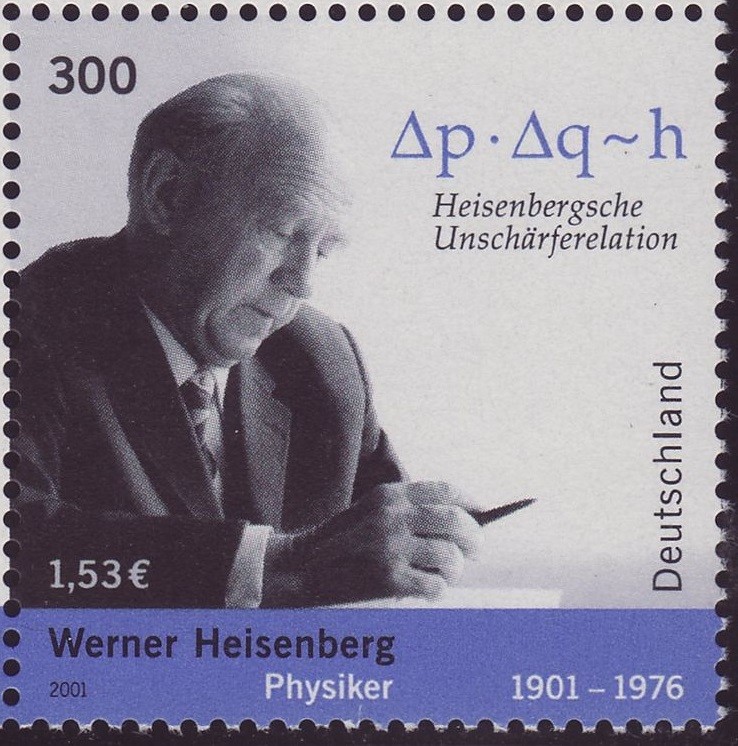 Selo postal alemão de 2001 com foto de Heisenberg e a expressão do seu Princípio da Incerteza