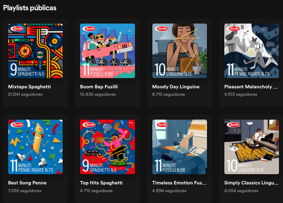 Print da página de playlists públicas da Barilla mostrando 8 playlists para massas