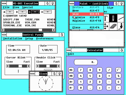 Tela gráfica do Windows 2 mostrando o painel de controle, relógio, a calculadora, o Paint e o prompt do MS-DOS, cada um em sua janela, com a janela do relógio sobrepondo parcialmente a do painel de controle.