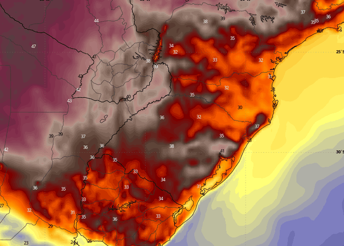 Mapa meteorológico da região meridional do Brasil indicando ampla previsão de temperaturas elevadas