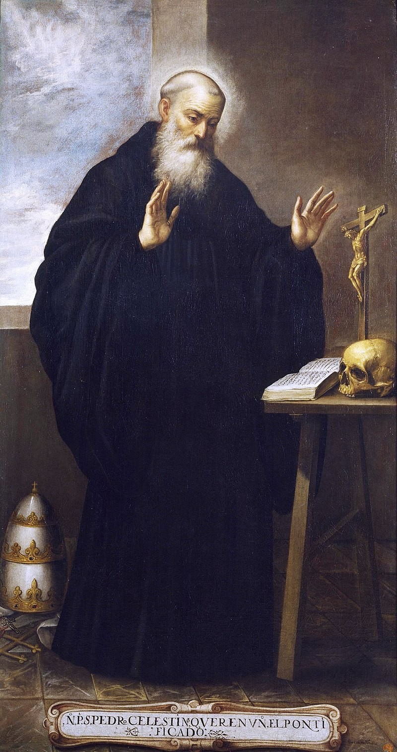 Celestino em ambiente de oração, com a mitra papal em um canto do chão, em pintura do século XVII
