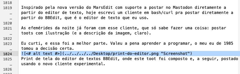 Print de tela do editor de textos BBEdit, onde este toot foi composto e, a seguir, postado usando o novo cliente experimental.