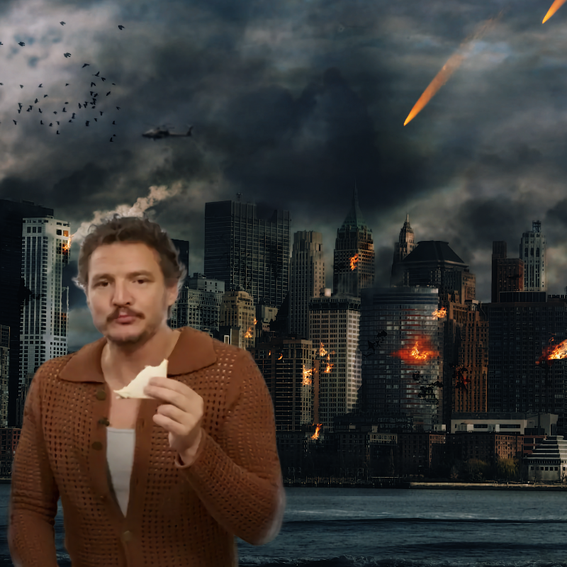 Pedro Pascal, com expressão serena, come um sanduíche. Ao fundo, a paisagem urbana está coberta de fumaça, e vê-se 2 meteoros caindo.