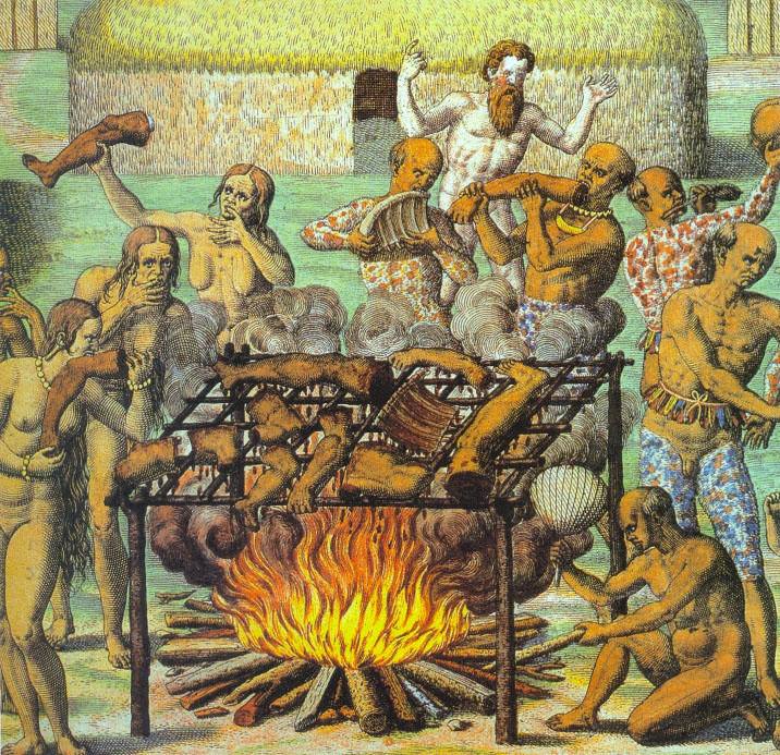 Ilustração mostrando Hans Staden (de barba, ao fundo) observando os índios tupinambás praticando antropofagia, em uma aldeia situada entre Bertioga e Rio de Janeiro. (Theodor de Bry: Canibais, século XVI.)