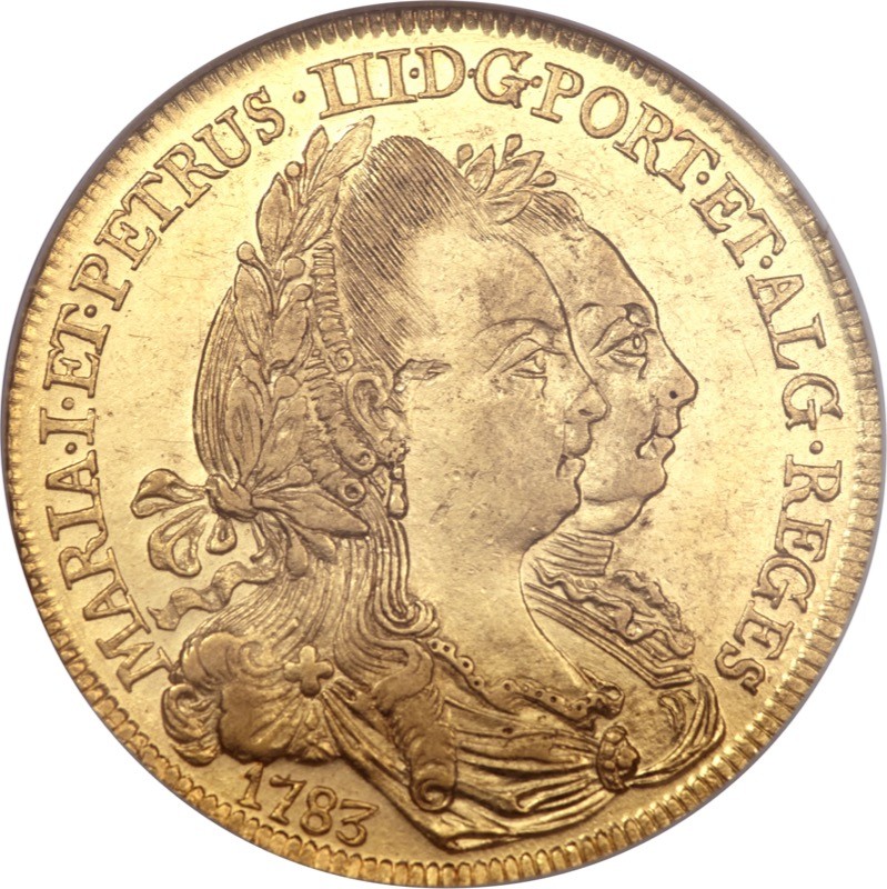Moeda de 1783 com efígie de Maria I e Pedro III, monarcas de Portugal e Algarve
