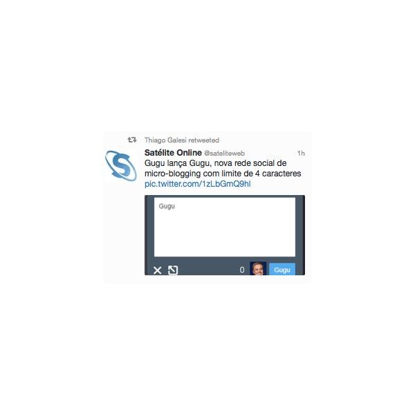 Meme clássico com print fantasioso de uma rede social chamada Gugu, e o texto de um tweet a descrevendo: “Gugu lança Gugu, nova rede social de micro-blogging com limite de 4 caracteres“
