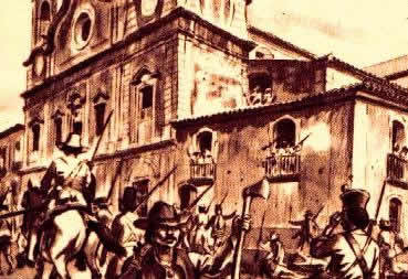Gravura do século XIX representando os rebeldes cabanos em área urbanizada no Pará