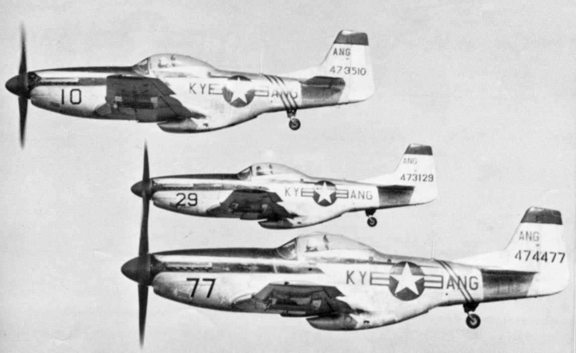 Três F-51D Mustang do 165º Esquadrão de Caça, unidade em que Mantell servia.