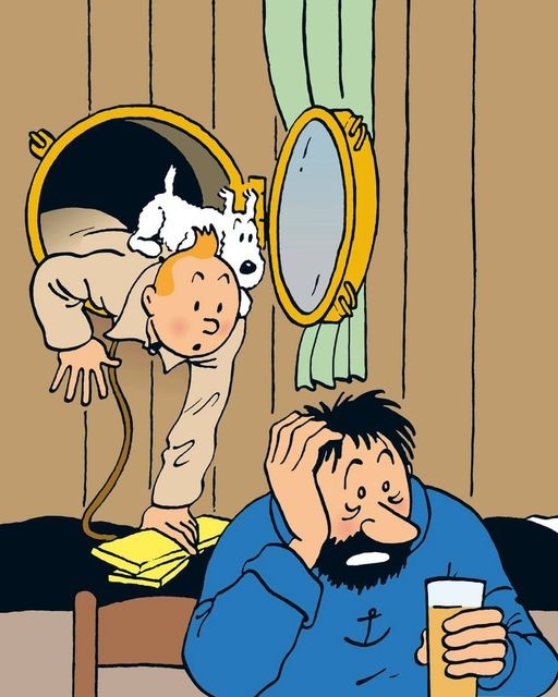 Tintim e o cachorrinho Milou prestes a encontrar o Capitão Haddock
