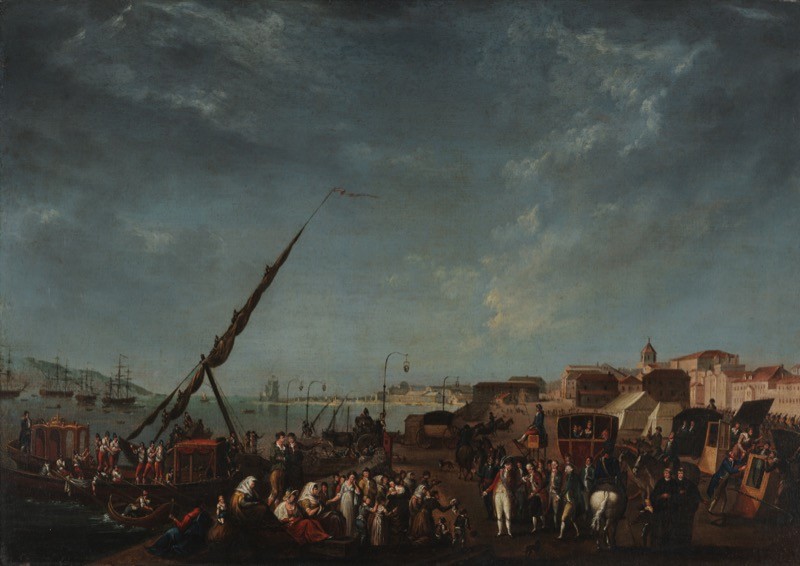 Embarque da família real portuguesa no cais de Belém, em 29 de novembro de 1807, em pintura de Nicolas Louis Albert Delerive.