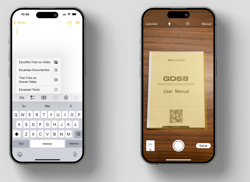 Duas imagens do app Notas: uma mostrando o menu da opção Escanear Documentos, e outra com a interface da captura de documentos com a câmera