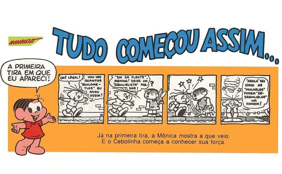 Reprodução da tirinha inaugural. Cebolinha se equilibra sobre o meio-fio, e a dinâmica a seguir se estabelece:<br>– Oh! Legal! Vou ver quantos quilômetlos eu ando assim! Sai da frente, menina, deixa o equiliblista passar!<br>Mônica se afasta após dar uma coelhada no Cebolinha, que senta no meio fio e reflete:<br>– Agola sei como as mulheles podem desequiliblar um homem...