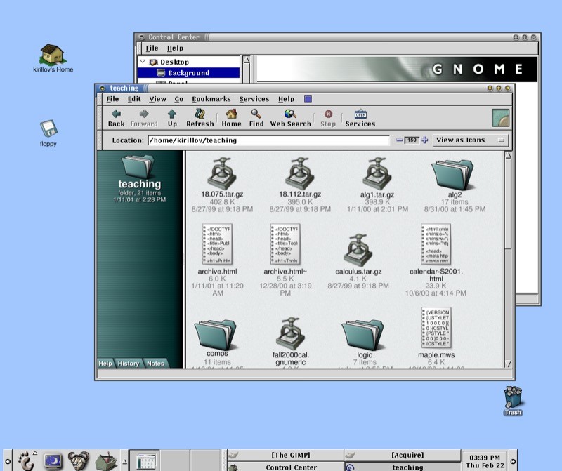 Tela do GNOME 1.0 mostrando o GNOME Panel 1 e o File Manager.<br>