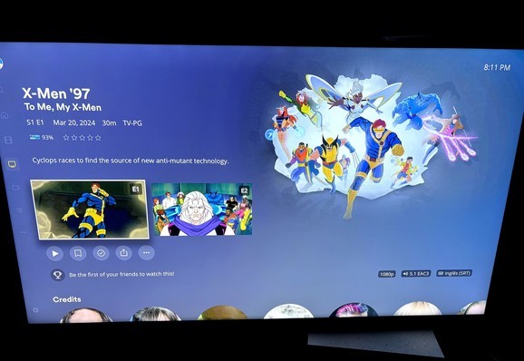 Minha TV mostrando a tela do Plex com os 2 primeiros episódios do novo desenho animado da Marvel