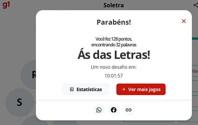 Banner de resultado do jogo Soletra dizendo:<br><br>Parabéns!<br><br>Você fez 128 pontos, encontrando 32 palavras<br><br>Ás das Letras!
