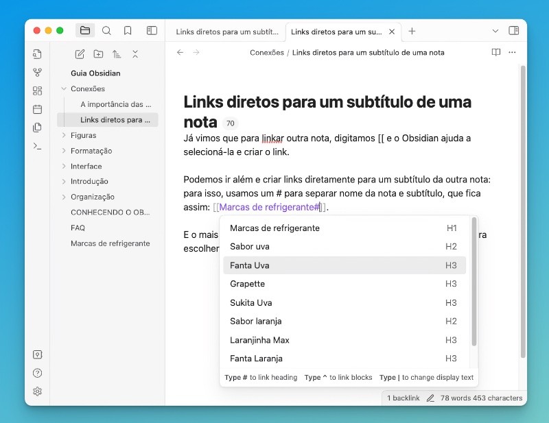 Janela do Obsidian mostrando o menu de seleção de subtítulos de uma nota para a criação de link