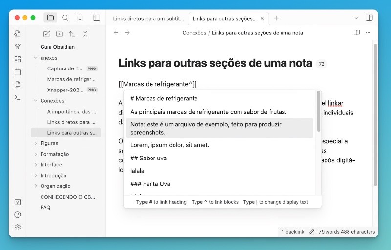 Tela de edição do Obsidian mostrando o menu de trechos de uma nota, para produção de link