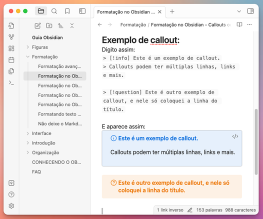 Janela do Obsidian mostrando como é definido e como aparece um callout em uma nota
