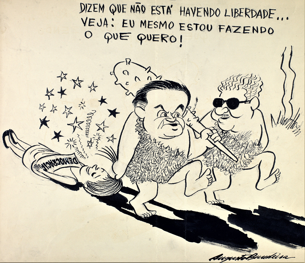 Castelo Branco, ao lado de Costa e Silva, caracterizados como trogloditas, em charge que ironiza o fim das liberdades civis.