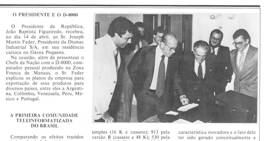 Matéria de revista da época, com foto do presidente da Dismac mostrando o equipamento ao general.