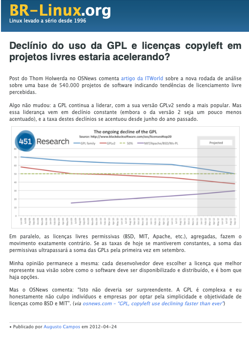 Nota do BR-Linux incluindo o texto:<br>Em paralelo, as licenças livres permissivas (BSD, MIT, Apache, etc.), agregadas, fazem o movimento exatamente contrário. Se as taxas de hoje se mantiverem constantes, a soma das permissivas ultrapassará a soma das GPLs pela primeira vez em setembro. Minha opinião permanece a mesma: cada desenvolvedor deve escolher a licença que melhor represente sua visão sobre como o software deve ser disponibilizado e distribuído, e é bom que haja opções. Mas o OSNews comenta: “Isto não deveria ser surpreendente. A GPL é complexa e eu honestamente não culpo indivíduos e empresas por optar pela simplicidade e objetividade de licenças como BSD e MIT“.