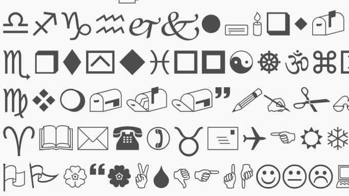 Exemplos de caracteres e símbolos da fonte Wingdings.