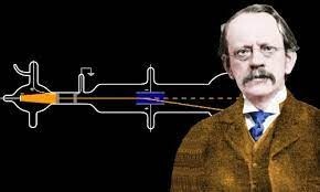 Thompson e diagrama de seu experimento com raios catódicos