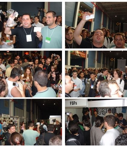 Colagem de 6 fotos do leilão e da doação à FSF do valor arrecadado