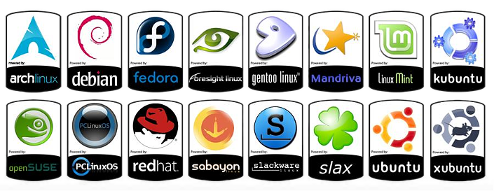 Um painel com os logos de 16 distribuições atuais e antigas.