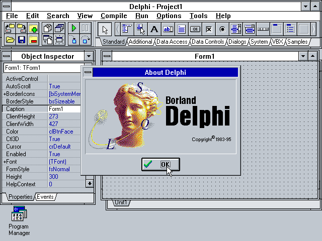 Print da tela do Delphi na versão de 1995.
