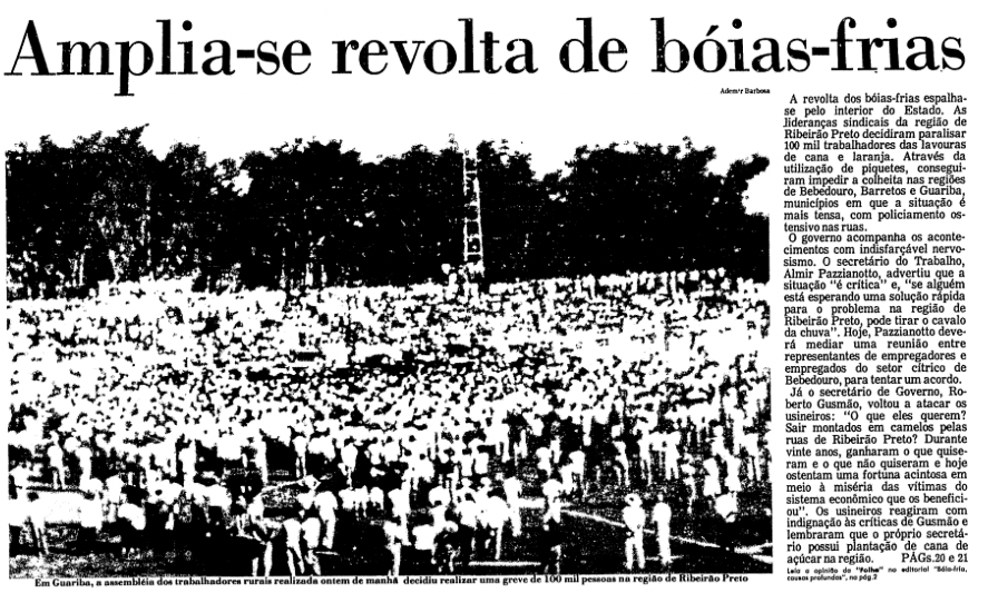 Matéria de capa da Folha com o título: Amplia-se a revolta de bóias-frias