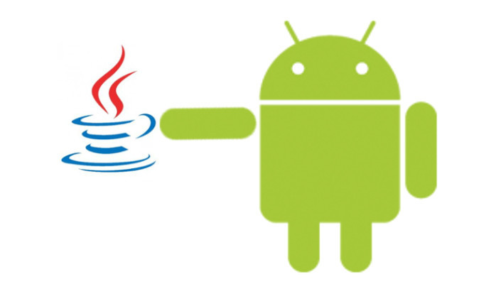 Banner com o robô mascote do Android se servindo de uma xícara, que é o logo do Java.