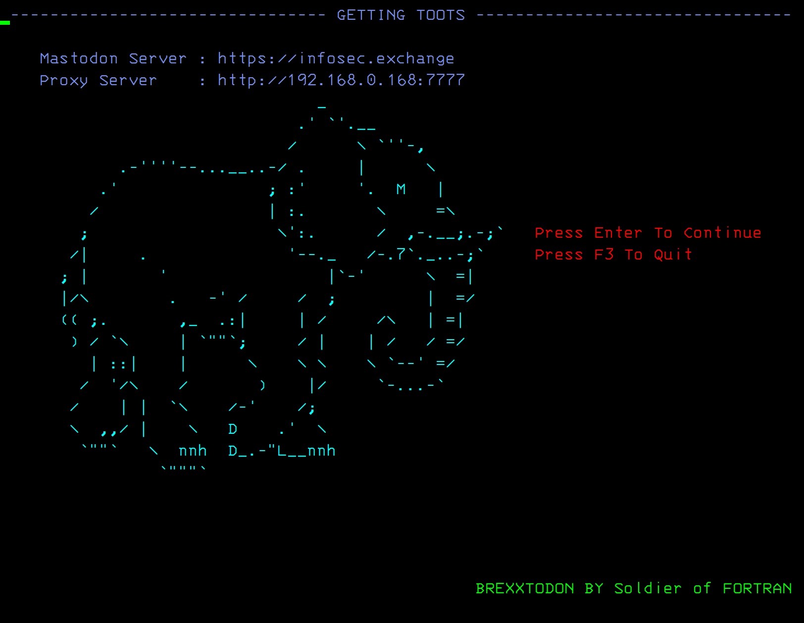 Tela de abertura do Rexxtodon com um elefante desenhado em ASCII Art