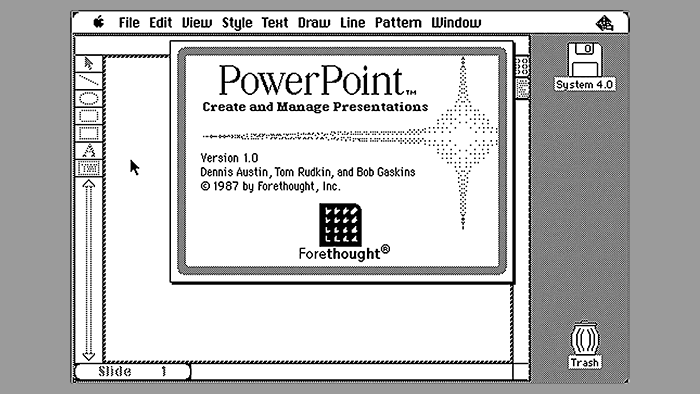 Tela do PowerPoint antes das versões passarem a ser mantidas pela Microsoft
