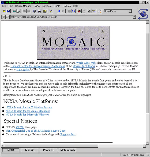 Um print de tela do Mosaic visitando a sua própria página de downloads, em versões para Unix, Apple e Windows.