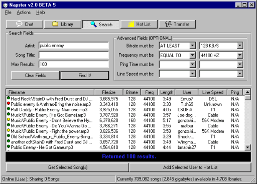print de tela do Napster 2.0