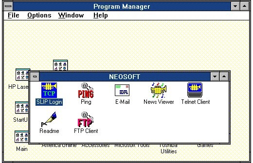Ícones de acesso à Internet tipicamente instalados em um micro com Windows 3.11