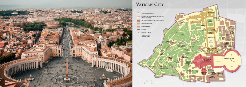 Vista aérea e mapa do Vaticano