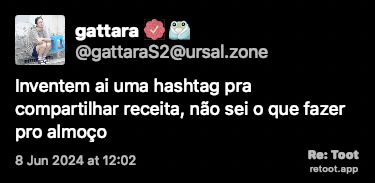 Post de gattara. “Inventem ai uma hashtag pra compartilhar receita, não sei o que fazer pro almoço“ Posted on 8 Jun 2024 at 12:02